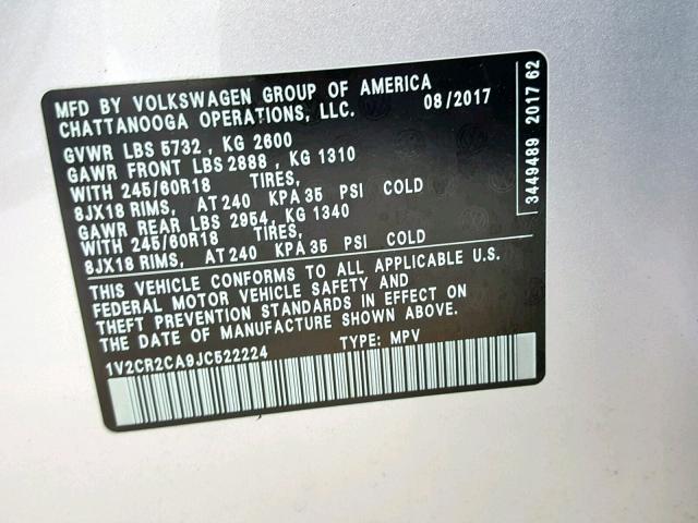 1V2CR2CA9JC522224 - 2018 VOLKSWAGEN ATLAS SE SILVER photo 10