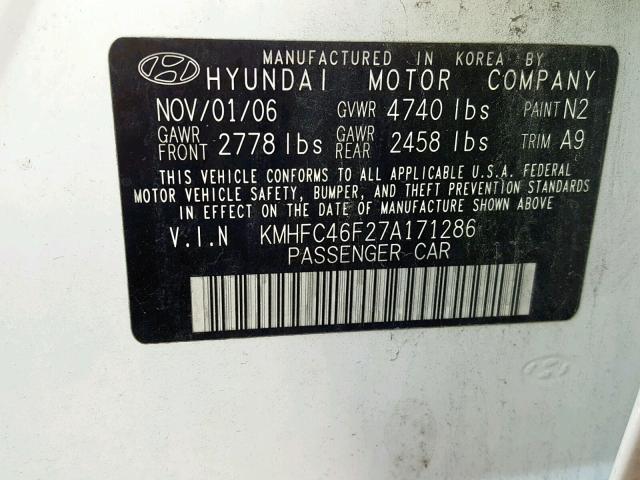 KMHFC46F27A171286 - 2007 HYUNDAI AZERA SE CREAM photo 10