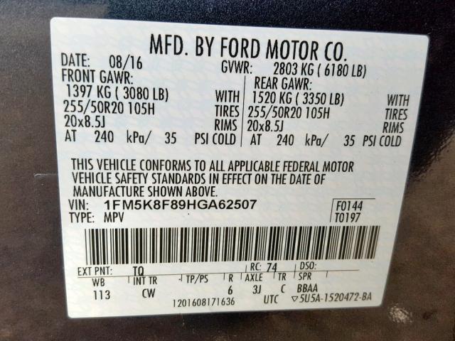 1FM5K8F89HGA62507 - 2017 FORD EXPLORER L BLUE photo 10