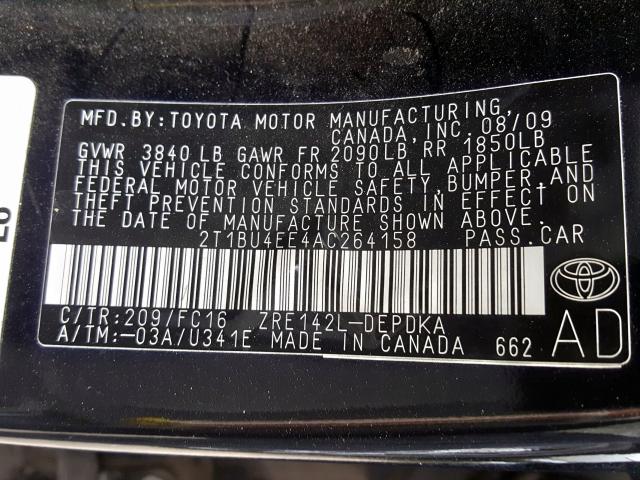 2T1BU4EE4AC264158 - 2010 TOYOTA COROLLA BASE  photo 10