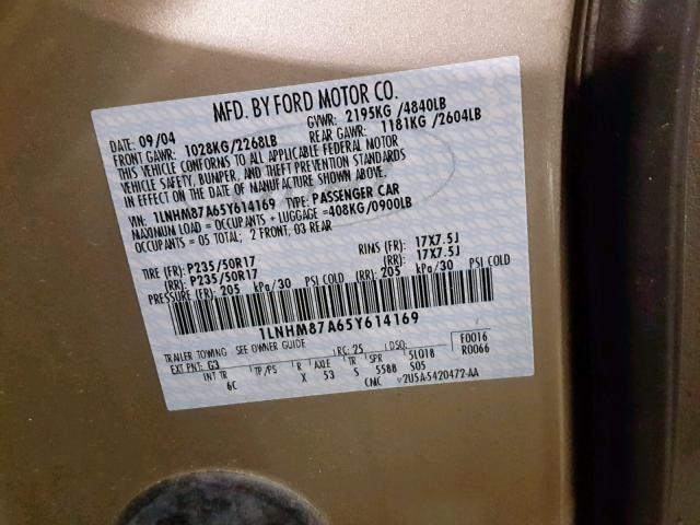 1LNHM87A65Y614169 - 2005 LINCOLN LS TAN photo 10