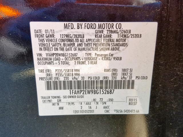 1FAHP2EW9BG152687 - 2011 FORD TAURUS SEL BLACK photo 10