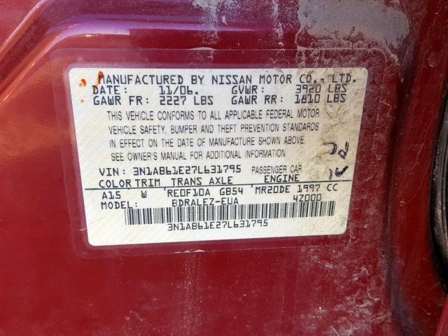 3N1AB61E27L631795 - 2007 NISSAN SENTRA 2.0 RED photo 10