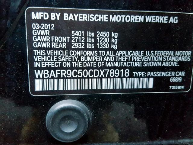 WBAFR9C50CDX78918 - 2012 BMW 550 I BLACK photo 10