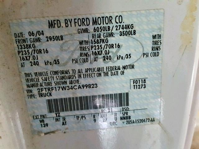 2FTRF17W34CA99823 - 2004 FORD F-150 HERI WHITE photo 10