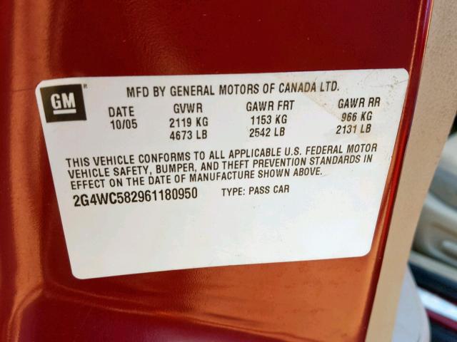 2G4WC582961180950 - 2006 BUICK LACROSSE C BURGUNDY photo 10