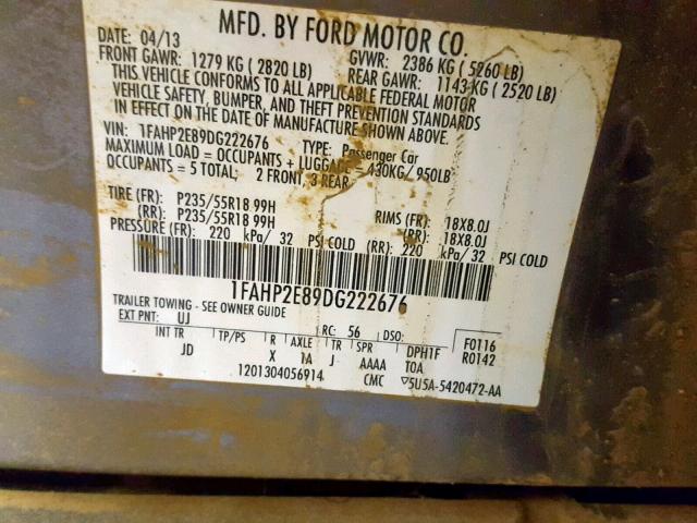 1FAHP2E89DG222676 - 2013 FORD TAURUS SEL SILVER photo 10