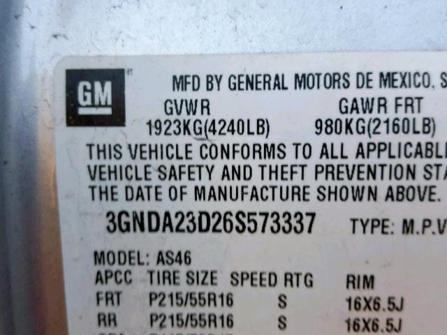 3GNDA23D26S573337 - 2006 CHEVROLET HHR LT SILVER photo 10