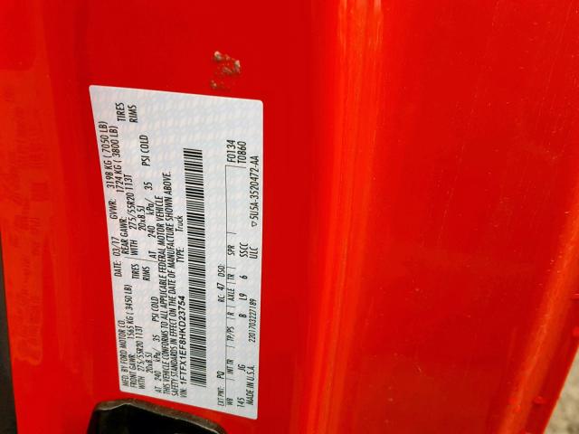 1FTFX1EF8HKD23754 - 2017 FORD F-150 RED photo 10