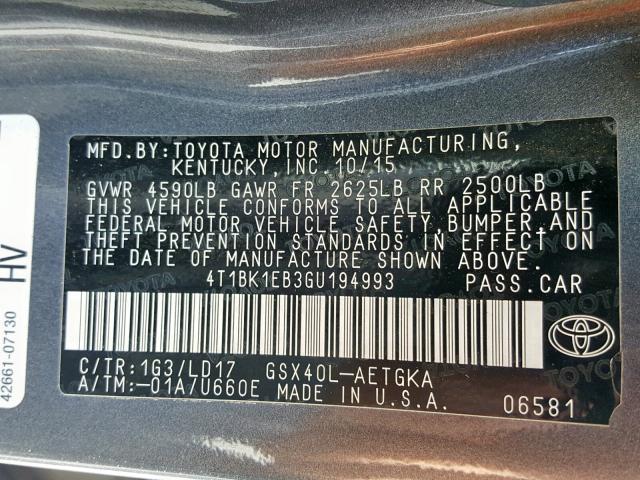 4T1BK1EB3GU194993 - 2016 TOYOTA AVALON XLE CHARCOAL photo 10