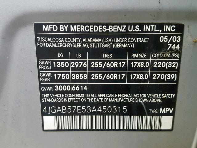 4JGAB57E53A450315 - 2003 MERCEDES-BENZ ML 350 SILVER photo 10