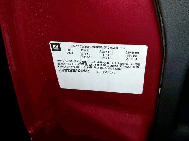 2G2WS522841243683 - 2004 PONTIAC GRAND PRIX მუქწითელი ფოტო 10