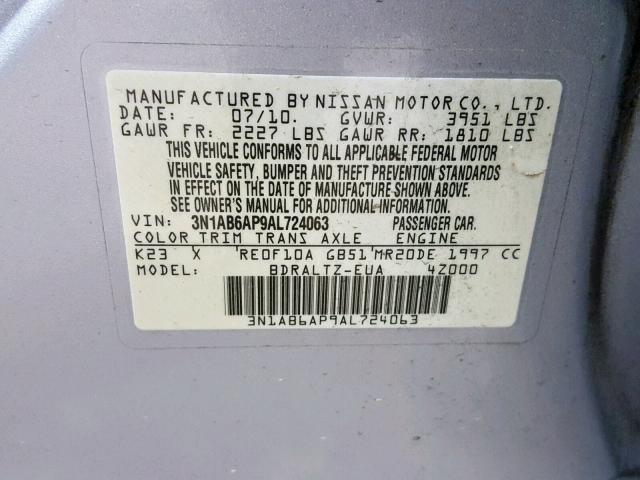 3N1AB6AP9AL724063 - 2010 NISSAN SENTRA 2.0 SILVER photo 10