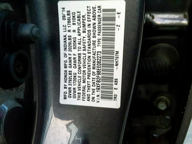 19XFB2F98EE082273 - 2014 HONDA CIVIC EXL GRAY photo 10