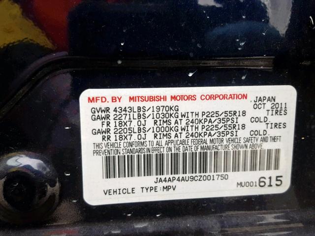 JA4AP4AU9CZ001750 - 2012 MITSUBISHI OUTLANDER BLUE photo 10