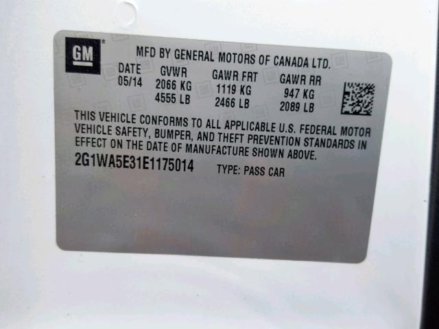 2G1WA5E31E1175014 - 2014 CHEVROLET IMPALA LIM WHITE photo 10