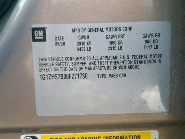 1G1ZH57B08F271730 - 2008 CHEVROLET MALIBU 1LT TAN photo 10