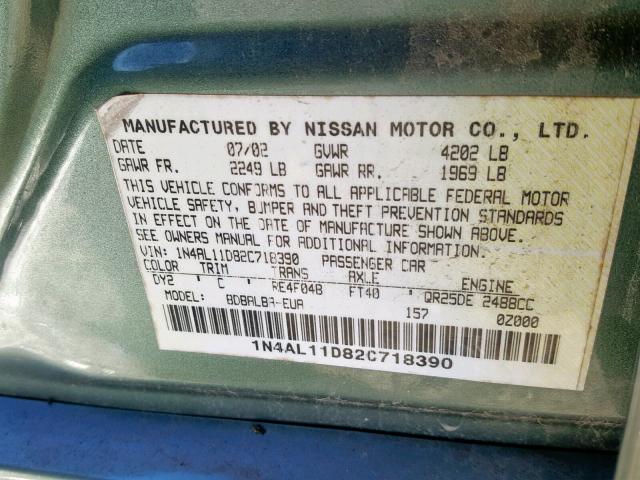 1N4AL11D82C718390 - 2002 NISSAN ALTIMA BAS GREEN photo 10