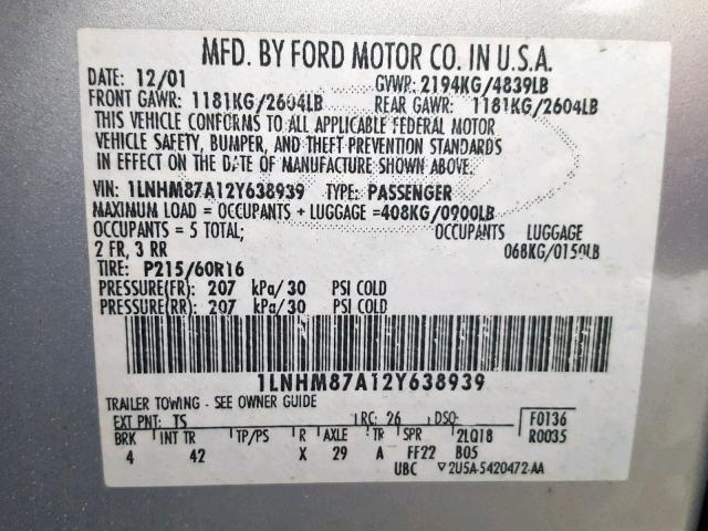 1LNHM87A12Y638939 - 2002 LINCOLN LS SILVER photo 10