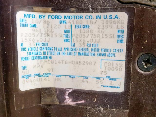 1FMCU14T6HUA52907 - 1987 FORD BRONCO II BROWN photo 10