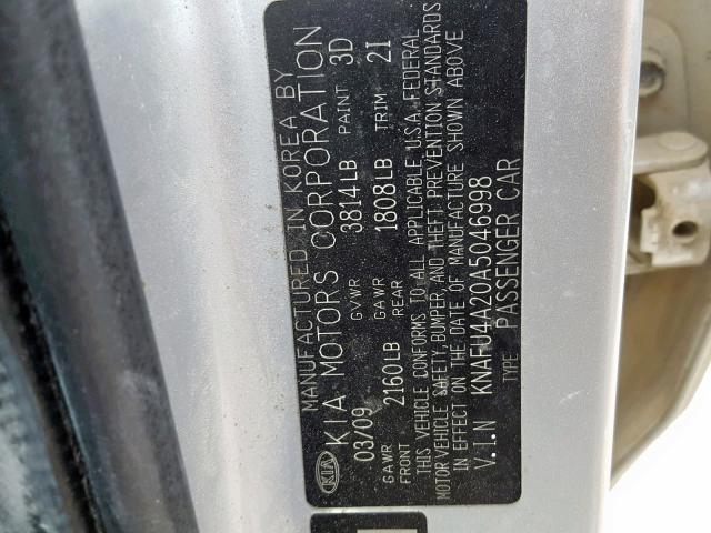 KNAFU4A20A5046998 - 2010 KIA FORTE EX GRAY photo 10