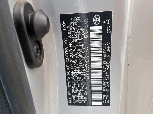 JTKDE177770194797 - 2007 TOYOTA SCION TC ნაცრისფერი ფოტო 10