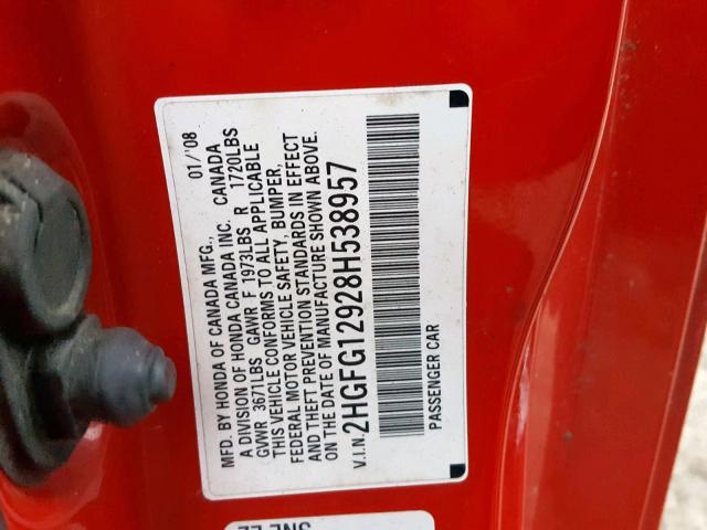 2HGFG12928H538957 - 2008 HONDA CIVIC EXL RED photo 10