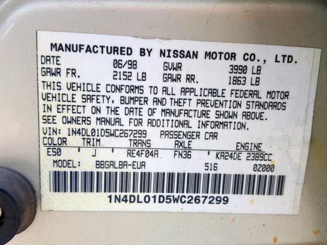1N4DL01D5WC267299 - 1998 NISSAN ALTIMA XE SILVER photo 10