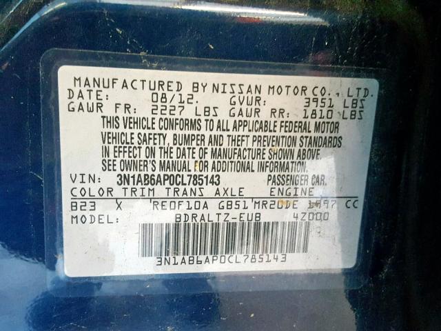 3N1AB6AP0CL785143 - 2012 NISSAN SENTRA 2.0 BLUE photo 10