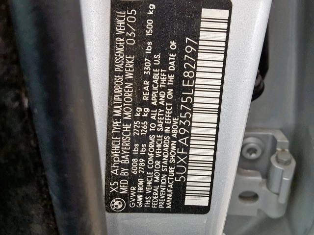 5UXFA93575LE82797 - 2005 BMW X5 4.8IS SILVER photo 10