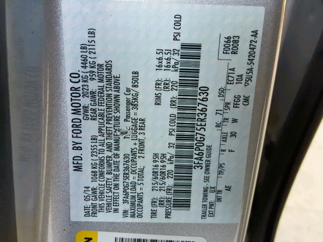 3FA6P0G75ER367630 - 2014 FORD FUSION S SILVER photo 10