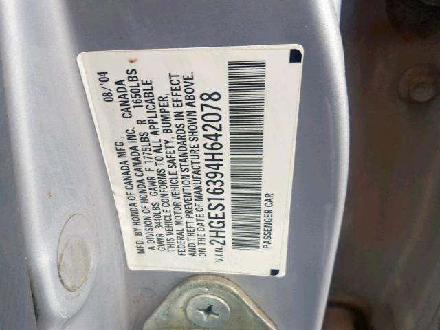 2HGES16394H642078 - 2004 HONDA CIVIC DX V SILVER photo 10