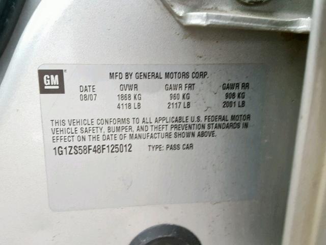 1G1ZS58F48F125012 - 2008 CHEVROLET MALIBU LS 银色 照片 10