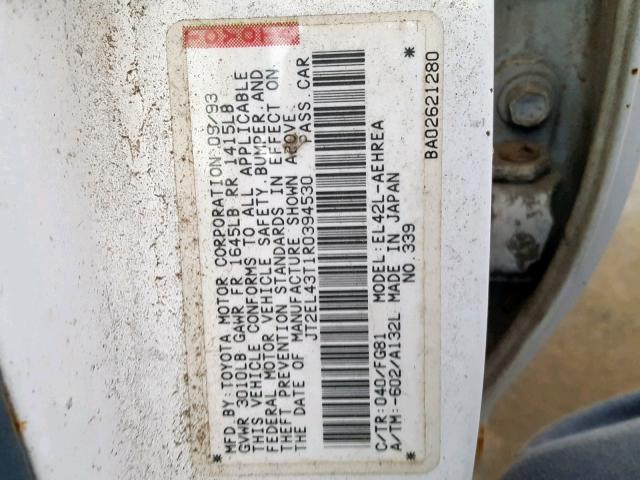 JT2EL43T1R0394530 - 1994 TOYOTA TERCEL DX WHITE photo 10