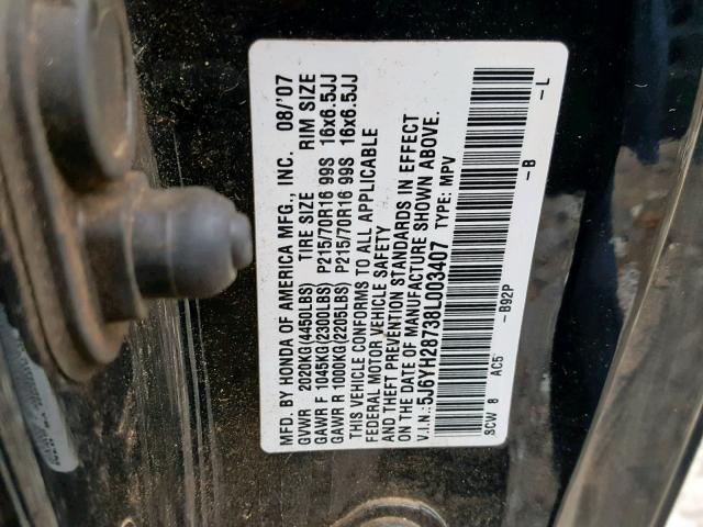 5J6YH28738L003407 - 2008 HONDA ELEMENT EX BLACK photo 10