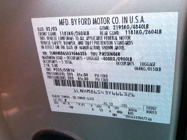 1LNHM86S43Y666326 - 2003 LINCOLN LS SILVER photo 10