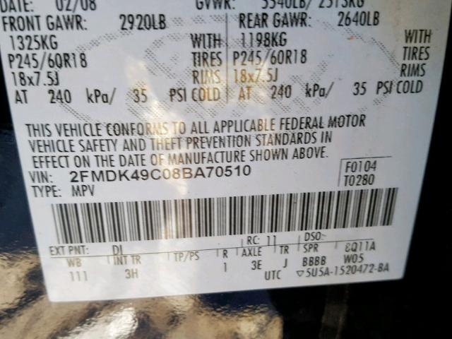 2FMDK49C08BA70510 - 2008 FORD EDGE LIMIT BLUE photo 10