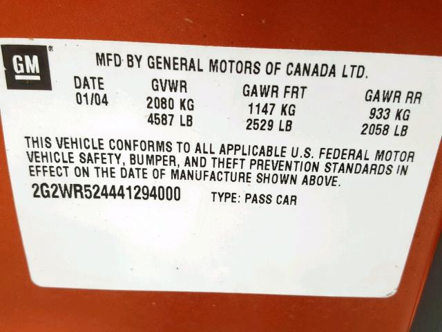 2G2WR524441294000 - 2004 PONTIAC GRAND PRIX ORANGE photo 10