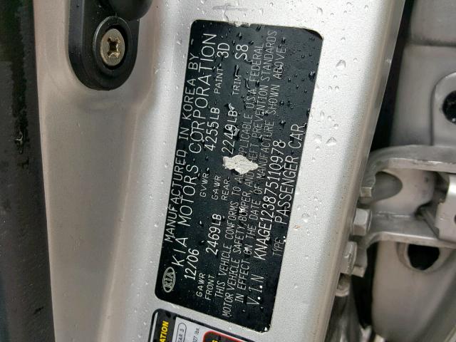 KNAGE123875110978 - 2007 KIA OPTIMA SILVER photo 10