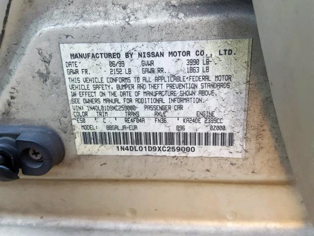 1N4DL01D9XC259000 - 1999 NISSAN ALTIMA XE GOLD photo 10