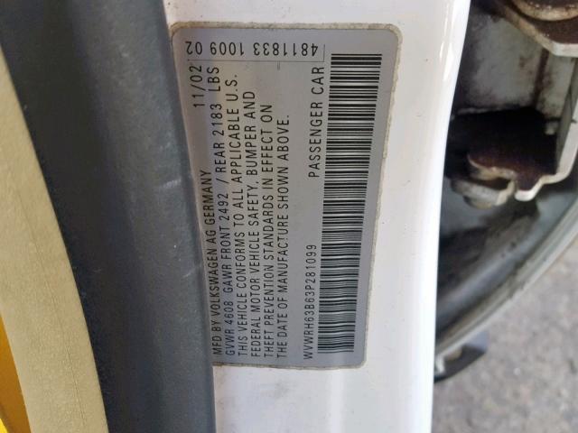 WVWRH63B63P281099 - 2003 VOLKSWAGEN PASSAT GLX 白色 照片 10