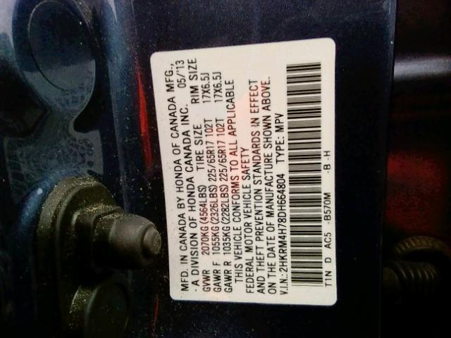 2HKRM4H78DH664804 - 2013 HONDA CR-V EXL BLUE photo 10