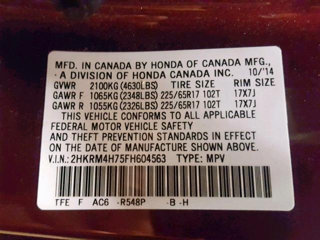 2HKRM4H75FH604563 - 2015 HONDA CR-V EXL MAROON photo 10