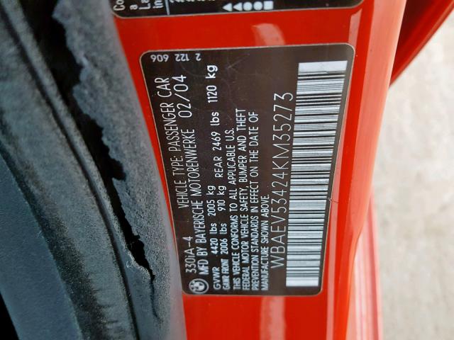 WBAEV53424KM35273 - 2004 BMW 330 I RED photo 10