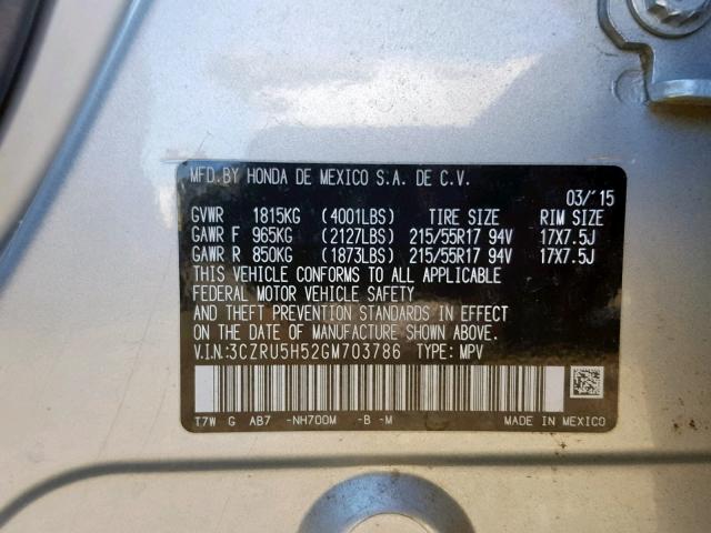 3CZRU5H52GM703786 - 2016 HONDA HR-V EX SILVER photo 10