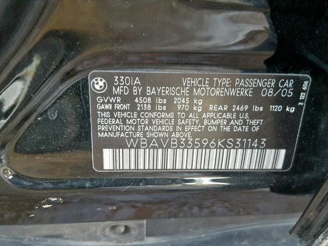 WBAVB33596KS31143 - 2006 BMW 330 I BLACK photo 10