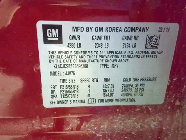KL4CJCSB5EB696208 - 2014 BUICK ENCORE RED photo 10
