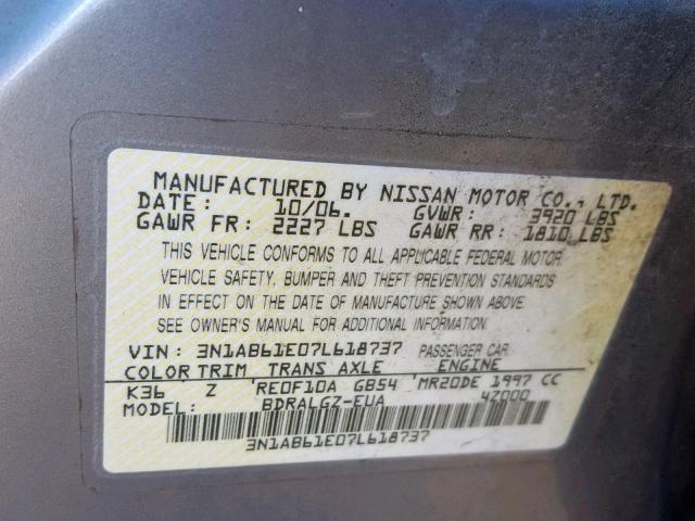 3N1AB61E07L618737 - 2007 NISSAN SENTRA 2.0 GRAY photo 10