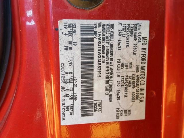 1FMRU15WX3LB52915 - 2003 FORD EXPEDITION RED photo 10