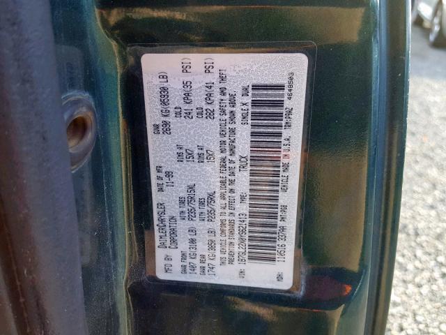 1B7GL22X0YS621413 - 2000 DODGE DAKOTA GREEN photo 10